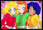  1990s_(style) ;o alex_(totally_spies) animification arms_around_back artist_name bad_id bad_twitter_id battery_indicator belt belt_buckle bishoujo_senshi_sailor_moon black_border blonde_hair blue_eyes blue_hair bob_cut bodysuit border buckle closed_mouth clover_(totally_spies) commentary dark-skinned_female dark_skin emphasis_lines english_commentary english_text faux_retro_artstyle film_grain gloves green_bodysuit green_eyes green_gloves grey_belt group_hug hand_on_another&#039;s_shoulder heart heart-shaped_buckle honeymoonpetal hug light_blush lipstick long_hair long_sleeves makeup one_eye_closed orange_hair parody parted_lips pink_background pink_lips recording red_bodysuit red_gloves red_lips retro_artstyle sam_(totally_spies) short_hair smile sparkle style_parody tareme totally_spies very_long_hair watermark yellow_bodysuit yellow_gloves 