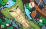 abs alligator alligatorid anthro balls boat crocodilian digital_media_(artwork) duo eyes_closed flaccid floating_on_water foreskin genitals hands_behind_head hi_res humanoid_genitalia humanoid_penis lily_pad lying male muscular muscular_anthro muscular_male nipples nude on_back outside painting_(artwork) pecs penis plant prismalic relaxing reptile scalie smile solo_focus speech_bubble swimming vehicle water watercraft