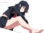  1girl ahonoko barefoot black_eyes black_hair black_sailor_collar black_serafuku black_shirt black_skirt closed_mouth hair_between_eyes kill_la_kill long_sleeves matoi_ryuuko midriff multicolored_hair neckerchief pleated_skirt red_hair red_neckerchief sailor_collar school_uniform senketsu serafuku shirt short_hair sitting skirt streaked_hair suspender_skirt suspenders two-tone_hair white_background 