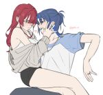  2girls black_skirt blue_hair blue_sky camisole closed_mouth commentary earrings gumatobi26 hand_on_another&#039;s_face heart heterochromia highres hiodoshi_ao hololive hololive_dev_is houshou_marine jewelry long_hair multiple_girls necklace off_shoulder open_mouth ponytail red_eyes red_hair short_ponytail simple_background sitting sitting_on_lap sitting_on_person skirt sky stud_earrings symbol-only_commentary twitter_username virtual_youtuber white_background white_camisole yellow_eyes yuri 
