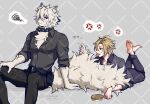  2boys ahoge anger_vein animal_ear_fluff animal_ears artist_name barefoot belt belt_buckle belt_pouch black_belt black_collar black_pants black_shirt blonde_hair body_fur breast_pocket brushing_tail buckle closed_mouth collar collared_shirt commentary_request dated fang feet feet_up fluffy_tail frown furry furry_male grey_background grey_shirt hair_between_eyes hair_brush highres holding holding_hair_brush hugo_vlad lying male_focus mole mole_under_eye multiple_boys on_stomach open_collar pants pocket pointy_ears pouch red_eyes scar scar_on_arm scar_on_cheek scar_on_face shirt short_hair sitting sleeves_rolled_up soles spiked_collar spikes squiggle sweat tail toes twitter_username v-shaped_eyebrows von_lycaon washidake white_fur white_hair wing_collar wolf_boy wolf_ears wolf_tail zenless_zone_zero 