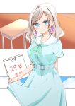  1girl aqua_neckerchief blue_dress blue_eyes breasts calendar_(object) ceras_yanagida_lilienfeld closed_mouth collarbone commentary_request corocoro567 cowboy_shot dated desk dress grey_hair hair_ribbon hasu_no_sora_school_uniform highres large_breasts link!_like!_love_live! long_hair looking_at_viewer love_live! medium_dress neckerchief pink_ribbon puffy_short_sleeves puffy_sleeves ribbon sailor_collar sailor_dress school_desk school_uniform short_sleeves smile solo summer_uniform virtual_youtuber white_sailor_collar 