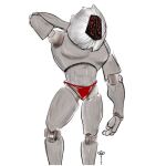 1:1 abs basicwanton black_mask clothed clothing expedition_33 fur gestral grey_body hand_behind_back hi_res humanoid male mannequin monoco muscular muscular_male not_furry pose posing_for_picture red_clothing red_speedo red_swimwear red_underwear segmented_body segmented_fingers simple_background solo speedo swimwear underwear underwear_only white_background white_body white_fur