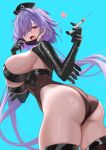  1girl ass azur_lane black_gloves black_leotard black_shrug blue_background bratja breasts cleavage commentary fang from_behind gloves hair_over_one_eye heart highres holding holding_syringe large_breasts leotard long_hair looking_at_viewer low_twintails mask mask_pull messy_hair mogador_(azur_lane) mogador_(olfactory_nursery_call)_(azur_lane) mouth_mask official_alternate_costume open_mouth ponytail purple_eyes purple_hair red_pupils shrug_(clothing) sideboob simple_background skin_fang solo surgical_mask syringe twintails very_long_hair 