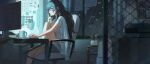  1girl absurdres aqua_eyes aqua_hair arm_out_of_sleeve barefoot black-framed_eyewear blurry blurry_foreground book bookshelf box breasts calendar_(object) cardboard_box cardigan chain-link_fence chair cityscape clock closed_mouth coffee_mug collared_shirt commentary_request computer_keyboard concentrating cup depth_of_field desk digital_clock dress_shirt expressionless fence fluffy_hair foot_out_of_frame glasses grey_shorts hair_over_shoulder hand_on_own_chin hand_up highres indoors knee_up large_breasts long_hair long_sidelocks looking_at_screen monitor mug night office_chair open_cardigan open_clothes original outstretched_hand pen pile_of_books plant potted_plant rain ribbed_shirt scissors segment_display semi-rimless_eyewear shelf shirt shorts sidelocks sitting skyline sleeveless sleeveless_shirt stuffed_animal stuffed_frog stuffed_toy swivel_chair tsukimoritsuki typing under-rim_eyewear unworn_shirt vines water_drop water_on_glass wavy_hair white_cardigan white_shirt 