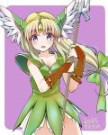  1girl blush border breasts bridal_gauntlets cleavage dated dress forehead_jewel gem green_dress green_gemstone helmet holding holding_polearm holding_weapon long_hair looking_at_viewer low-tied_long_hair open_mouth outside_border polearm purple_background riesz saburouta_(hox-666) seiken_densetsu seiken_densetsu_3 shoulder_pads signature simple_background solo weapon white_border winged_helmet 