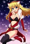  :p absurdres animal_ears aqua_eyes black_legwear blonde_hair blush breasts bustier cat_ears cleavage detached_sleeves earrings elina fake_animal_ears high_heels highres jewelry large_breasts lingerie long_hair looking_at_viewer navel necklace queen's_blade santa_costume sasahiro shoes skindentation snow snowing solo thighhighs tongue tongue_out underwear 