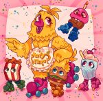 2025 4_fingers animate_inanimate anthro apron armless avian beak bird birthday_cake_(fnaf) blonde_hair blue_clothing blue_eyes blue_footwear blue_pupils brown_eyelids buckteeth candle chicken chicken_wings clothing cocopudu colored dairy_products digital_drawing_(artwork) digital_media_(artwork) drinking_straw english_description english_text feather_hair feather_hands feathers female fingers fire five_nights_at_freddy&#039;s five_nights_at_freddy&#039;s:_secret_of_the_mimic food food_creature footwear galliform gallus_(genus) gesture green_clothing green_eyes green_footwear green_pupils group hair hand_gesture hi_res larger_anthro larger_female lettuce lidded_eyes light lighting lit_candle male midair mouthless mr._chicken ms._burger ms._shake neck_tuft no_eyebrows noseless open_mouth open_smile orange_clothing orange_footwear party_time_chica phasianid pink_background pink_beak pink_clothing pink_eyes pink_footwear pink_pupils pink_tongue plant pointing pseudo_hair pupils roller_skates roller_skating scottgames shaded short_hair simple_background size_difference smaller_female smaller_male smile teeth text text_on_apron text_on_clothing tongue toothed_beak tuft vegetable whipped_cream white_apron white_clothing yellow_body yellow_feathers