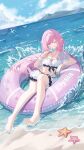  1girl ;) absurdres afloat barefoot beach bikini blue_eyes blue_sky breasts character_name chinese_commentary cleavage commentary_request elf elysia_(honkai_impact) elysia_(miss_pink_elf)_(honkai_impact) elysia_(summer_miss_elf)_(honkai_impact) feet food hairband highres holding holding_food holding_popsicle honkai_(series) honkai_impact_3rd jewelry large_breasts licking_lips navel necklace neet_(jdud2284) ocean official_alternate_costume one_eye_closed outdoors pink_hair pointy_ears popsicle purple_innertube shell shell_necklace sky smile soles solo starfish stomach swimsuit toes tongue tongue_out white_bikini white_hairband 