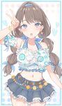  1girl absurdres arm_up belt bikini bikini_top_only black_skirt blue_bikini breasts brown_belt brown_hair cleavage collarbone commentary_request cowboy_shot denim denim_skirt detached_sleeves frilled_bikini frilled_skirt frills fujishima_megumi halterneck heart highres iroha_(nami3) large_breasts link!_like!_love_live! long_hair looking_at_viewer love_live! low_twintails midriff miniskirt multi-tied_hair natsumeki_pain navel official_alternate_costume official_alternate_hairstyle polka_dot polka_dot_background purple_eyes short_sleeves skirt solo swimsuit twintails v virtual_youtuber 
