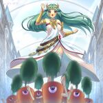  1girl carrot chain clenched_hands commission gold_chain green_eyes green_hair higashibara_n highres kid_icarus kid_icarus_uprising motion_blur one-eyed open_mouth palutena running skeb_commission vambraces 