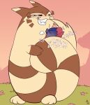 2019 ambiguous_gender anthro black_body black_nose blush blush_lines brown_body cute_fangs day duo eyes_closed fangs feral flower fluffy fluffy_tail forehead_gem fuf furret gem generation_2_pokemon generation_4_pokemon grass grin hi_res holding_another larger_ambiguous larger_feral looking_at_another multicolored_body nintendo open_mouth outside pain plant pokemon pokemon_(species) quadruped size_difference smaller_ambiguous smaller_anthro smile sound_effects standing tail tan_body teeth tongue two_tone_body weavile