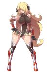  1girl black_gloves black_leotard black_thighhighs blonde_hair blush boots breasts commentary_request cosplay covered_collarbone covered_navel covered_nipples crossover cynthia_(pokemon) fishnets full_body gloves gradient_background grey_background grey_eyes grin hair_ornament hair_over_one_eye hand_on_own_hip highleg highleg_leotard highres igawa_sakura igawa_sakura_(cosplay) impossible_clothes impossible_leotard katana knee_boots konno_tohiro large_breasts legs legs_apart leotard long_hair looking_at_viewer multiple_views ninja pokemon pokemon_dppt reverse_grip showgirl_skirt simple_background skin_tight smile sword taimanin_(series) taimanin_asagi taimanin_suit thighhighs thighhighs_under_boots thighs very_long_hair weapon white_background 
