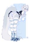 anthro bent_over blue_hair blue_horn blush bodily_fluids bulge butt clothed clothing crying ear_piercing ear_ring ear_stud femboy fur gauged_ear grey_body grey_eyes grey_fur hair hi_res horn legwear maid_uniform male male_anthro mouth_closed pattern_clothing pattern_legwear piercing ring_piercing roller_skates simple_background solo sonyan standing striped_clothing striped_legwear stripes tears uniform white_body white_fur white_hair