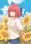  1girl alternate_costume blue_bow blue_sky bow casual closed_mouth cloud collarbone field flower flower_field hair_bow highres kohaku_(tsukihime) looking_at_viewer pants red_hair shirt short_hair short_sleeves sky smile solo sunflower tierra_misu tsukihime white_shirt 