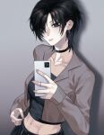  1girl absurdres assisted_exposure black_choker black_hair black_tube_top breasts cellphone choker closed_mouth collarbone cropped_jacket cross cross_earrings earrings eyes_visible_through_hair gradient_background grey_background grey_jacket hair_over_one_eye highres holding holding_phone jacket jewelry medium_breasts multiple_earrings multiple_rings navel open_clothes open_jacket original phone purple_eyes ring selfie short_hair smartphone solo strapless tube_top tyrezal 