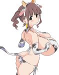  1girl animal_ear_hairband animal_ears animal_print ass bare_shoulders bikini black_eyes blush breasts brown_hair commentary_request cow_ears cow_girl cow_horns cow_print cow_print_bikini cow_print_gloves cow_tail cowboy_shot ear_tag earrings elbow_gloves embarrassed fake_animal_ears fake_horns gloves hairband highres horn_hairband horns huge_breasts jewelry median_furrow micro_bikini original osakana_(kitasisn) print_bikini print_gloves side-tie_bikini_bottom sidelocks simple_background small_sweatdrop solo standing sugimori_futaba_(osakana) swimsuit tail twintails white_background 