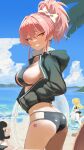  3girls absurdres beach bikini black_bikini black_hoodie blue_sky blush bow breasts cloud cloudy_sky commentary day earrings grin hair_between_eyes hair_bow hand_in_pocket heart heart_earrings high_ponytail highres hood hoodie idolmaster idolmaster_cinderella_girls jewelry jougasaki_mika jougasaki_rika large_breasts long_hair long_sleeves looking_at_viewer looking_back multiple_girls ocean outdoors palm_tree pink_hair ponytail sand sky smile solo_focus star_tattoo swimsuit tattoo thighs tomber tree white_bow white_innertube yellow_eyes 
