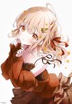  1girl :3 ahoge armpit_crease artist_name blonde_hair blush bow bow_skirt braid breasts brown_bow brown_camisole brown_cardigan brown_eyes brown_nails brown_ribbon brown_skirt brown_theme camisole cardigan choppy_bangs cleavage closed_mouth commentary_request dot_nose flower from_above gingham_skirt hair_flower hair_ornament hair_ribbon hairclip hands_up highres irono1910 long_hair looking_up nail_polish off_shoulder open_cardigan open_clothes orange_flower original ribbon ribbon_braid side_braid simple_background skirt smile spaghetti_strap standing triangle_hair_ornament variant_set wavy_hair white_background 