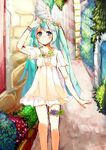  aqua_eyes aqua_hair arm_up bad_id bad_pixiv_id bracelet dress flower flower_necklace hatsune_miku head_wreath highres jewelry keiya light_rays long_hair necklace solo stairs sunbeam sunlight twintails very_long_hair vocaloid 