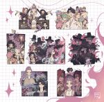  3girls 5boys abby_(kpop_demon_hunters) applying_makeup baby_(kpop_demon_hunters) beckoning black_hair black_hat braid braided_ponytail commentary derpy_(kpop_demon_hunters) english_commentary evil_smile eye_contact full-body_tattoo gat_(hat) gatkkeun grid_background hat highres jinu_(kpop_demon_hunters) kpop_demon_hunters long_hair looking_at_another mira_(kpop_demon_hunters) multiple_boys multiple_girls multiple_views mystery_(kpop_demon_hunter) official_alternate_costume otakupup pot_on_head purple_eyes red_hair romance_(kpop_demon_hunters) rumi_(kpop_demon_hunters) signature smile sparkle sussie_(kpop_demon_hunters) tattoo very_long_hair zoey_(kpop_demon_hunters) 