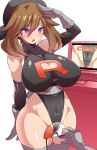  1girl bandana bare_shoulders belt black_bandana black_leotard blush breasts brown_hair cameltoe cleavage_cutout clothing_cutout commentary_request computer computer_keyboard covered_navel elbow_gloves gloves grey_gloves grey_thighhighs highleg highleg_leotard highres konno_tohiro large_breasts legs_together leotard long_hair may_(pokemon) monitor open_mouth pokemon pokemon_rse purple_eyes salute simple_background solo team_rocket thighhighs thighs underbust white_background 