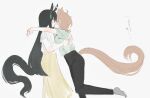  2girls ^_^ agnes_tachyon_(umamusume) ahoge animal_ears black_hair black_pants black_tail blunt_ends blush brown_hair brown_tail closed_eyes commentary_request ear_ornament elbow_on_another&#039;s_shoulder feet_out_of_frame foot_out_of_frame green_shirt horse_ears horse_girl horse_tail hydr051 kiss long_hair long_skirt manhattan_cafe_(umamusume) medium_hair multiple_girls pants profile shirt short_sleeves skirt surprised tail umamusume very_long_hair white_shirt yellow_skirt yuri 