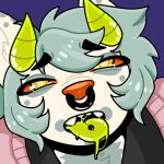 anthro bodily_fluids canid canine canis clothed clothing digital_media_(artwork) domestic_dog ear_piercing facial_piercing female fur good_boy hair herm hi_res horn intersex looking_at_viewer maiseyissilly male mammal molding multiple_piercings nose_piercing open_mouth piercing ring_piercing saliva saliva_on_tongue saliva_string simple_background slime solo teeth tongue tongue_out