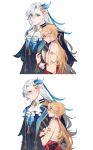  2boys absurdres aether_(genshin_impact) ahoge alternate_hairstyle ascot bare_shoulders black_vest blonde_hair blue_gemstone blue_hair blue_jacket blush bow braid brown_eyes choker closed_mouth cosplay crossdressing crossed_arms dress earrings embarrassed escoffier_(genshin_impact) escoffier_(genshin_impact)_(cosplay) feather_hair_ornament feathers fingernails fork_hair_ornament formal_clothes frills gem genshin_impact grey_hair hair_between_eyes hair_ornament heart_ornament highres jacket jewelry lapels long_hair long_sleeves looking_afar looking_at_another looking_down male_focus multicolored_hair multiple_boys multiple_views neuvillette_(genshin_impact) nipples notice_lines open_clothes open_jacket pink_bow pink_choker pointy_ears purple_eyes single_earring sleeveless sleeveless_dress striped_bow suit suit_jacket suspicious_dish sweatdrop teeth two-tone_hair upper_body vest white_ascot white_dress wrist_cuffs yaoi 