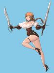  1girl absurdres black_choker black_gloves black_shoes black_skirt blue_background blunt_bangs braid breasts brown_eyes brown_hair choker cleavage closed_mouth dual_wielding english_commentary eq_(massar9103) floating full_body gloves high_heels highres holding knee_up legs long_hair looking_at_viewer medium_breasts o-ring original outstretched_arms puffy_sleeves shadow shoes simple_background skirt solo thigh_strap thighs warrior 