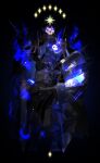  absurdres armor black_armor black_background black_cloak blue_fire cloak diamond_(shape) fake_horns fate/grand_order fate_(series) fire fui_(fui29493452) glowing glowing_eyes highres holding holding_shield holding_sword holding_weapon horns king_hassan_(fate) looking_at_viewer mask original shadow shield skull skull_mask spikes star_(symbol) star_symbol_background sword weapon 