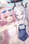  2girls :d absurdres ahoge bare_shoulders black_halo blue-tinted_eyewear blue_archive blue_eyes blue_one-piece_swimsuit blush breasts character_name cleavage closed_mouth collarbone commentary eyewear_on_head grey-framed_eyewear hair_between_eyes halo hand_up heterochromia highres hina_(blue_archive) hina_(swimsuit)_(blue_archive) holding_another&#039;s_arm hoshino_(blue_archive) hoshino_(swimsuit)_(blue_archive) leepy long_hair looking_at_viewer medium_breasts multiple_girls nose_blush official_alternate_costume old_school_swimsuit one-piece_swimsuit open_mouth outstretched_arm pink_hair pink_halo purple_eyes school_swimsuit smile stomach swimsuit tinted_eyewear very_long_hair wavy_mouth whistle whistle_around_neck white_hair yellow_eyes 