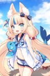  1girl :3 animal_ear_fluff animal_ears blonde_hair blue_eyes blue_hair cowboy_shot crab fins fish_girl fish_tail flat_chest highres indie_virtual_youtuber looking_at_viewer low_twintails melon-fox multicolored_hair navel open_mouth sameko_saba short_shorts shorts solo streaked_hair tail twintails virtual_youtuber white_shorts 