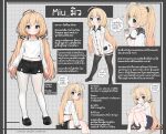  1girl black_shoes black_shorts black_skirt black_thighhighs blonde_hair blue_eyes character_name closed_mouth collared_shirt comodox highres long_hair long_sleeves low_twintails midriff miniskirt miu_(comodox) multiple_views navel off-shoulder_shirt off_shoulder original pantyhose pantyhose_under_shorts pleated_skirt ponytail reference_sheet shirt shoes short_shorts shorts skirt thai_text thighhighs translation_request twintails very_long_hair white_pantyhose white_shirt 