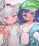  2girls absurdres animal_ears bikini blue_eyes blue_hair breast_press breasts bright_pupils chii_(tsumami_tsumamare) cleavage commentary fang flat_cap green_hat grey_background grey_hair hat highres inubashiri_momiji kawashiro_nitori large_breasts long_sleeves looking_at_viewer multiple_girls navel open_mouth reaching reaching_towards_viewer red_eyes red_hat short_hair simple_background skin_fang swimsuit symmetrical_docking tokin_hat touhou upper_body white_bikini white_pupils wolf_ears wolf_girl 