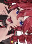  1girl blue_eyes blush close-up commentary_request double-parted_bangs drill_hair finger_in_own_mouth forced_smile hair_between_eyes highres kasane_teto long_eyelashes looking_at_viewer red_hair sharp_teeth skull_08 solo teeth tongue tongue_out twin_drills utau 