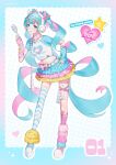  1girl absurdres almn_sk animal_ears asymmetrical_legwear belt blue_arm_warmers blue_hair blue_shoes bow breasts candy colored_inner_hair commentary cute_x_subculture_hatsune_miku_design_contest decora earmuffs english_commentary fake_animal_ears fashion food full_body fur_leg_warmers grid_background hand_on_own_hip hatsune_miku heart heart_print heisei_retro highres holding holding_candy holding_food holding_lollipop jewelry jojifuku layered_skirt leg_warmers lollipop long_hair midriff mismatched_arm_warmers mismatched_legwear mismatched_shoes multicolored_hair multicolored_skirt navel pendant pink_arm_warmers pink_bow pink_hair pink_shoes pom_pom_(clothes) raglan_sleeves ringlets scarf shirt shoes skirt small_breasts sneakers solo standing star_(symbol) striped_clothes striped_scarf swirl_lollipop too_many_hair_ornaments twintails unicorn_print very_long_hair vocaloid white_belt white_shirt yume_kawaii 