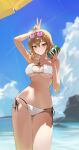  1girl absurdres anis_(nikke) anis_(sparkling_summer)_(nikke) arm_up aviator_sunglasses bikini bllustration blue_sky breasts brown_hair can cleavage cloud day drink_can eyepatch_bikini eyewear_on_head goddess_of_victory:_nikke grin highres holding holding_can jewelry large_breasts looking_at_viewer necklace pink-tinted_eyewear sky smile soda_can standing star_(symbol) star_necklace sunglasses swimsuit tinted_eyewear v white_bikini 