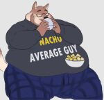 aceaximeck anthro belly big_belly brown_body brown_fur canid canine canis chubby_cheeks clothed clothing container cup domestic_dog drinking english_text eyes_closed eyewear fur glasses holding_container holding_cup holding_mug holding_object humor male mammal mug obese obese_anthro obese_male overweight overweight_anthro overweight_male pajamas pun quinton_(lizard_soup) sitting smile solo text thick_thighs wide_hips