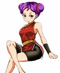  armpits bare_shoulders bike_shorts black_eyes blush bracer character_request china_dress chinese_clothes crossed_legs double_bun dress forehead looking_at_viewer moeyo!_kung-fu_taisen purple_hair simple_background sitting solo suta_furachina white_background 