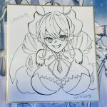 1girl bare_shoulders breasts cleavage demon_girl demon_horns demon_wings drill_hair duel_monster fang horns large_breasts lineart lovely_labrynth_of_the_silver_castle parted_lips photo_(medium) pointy_ears shikishi sira_tise skin_fang smile solo strapless traditional_media twin_drills upper_body wings yu-gi-oh! 
