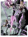  2boys arm_blade artist_name baby_vegeta battle black_bodysuit black_pants black_shirt bodysuit boots debudebumetabo dougi dragon_ball dragon_ball_gt dragon_ball_super earrings energy_sword goku_black grey_hair grey_tunic highres in-franchise_crossover jewelry male_focus medium_hair midair multiple_boys pants pink_hair potara_earrings red_sash sash shirt single_earring smirk spiked_hair sword trait_connection tunic weapon white_boots 