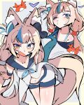 1girl absurdres ahoge alternate_costume animal_ear_fluff animal_ears blue_eyes blue_hair blue_shirt cat_ears crab dress eclipxare fang fins fish_girl fish_tail highres indie_virtual_youtuber long_hair looking_at_viewer low_twintails multicolored_hair one_side_up open_mouth sameko_saba shirt short_shorts shorts sleeveless sleeveless_dress streaked_hair tail twintails very_long_hair virtual_youtuber white_dress white_shorts 