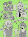  ... 1girl 4boys antenna_hair arrow_(symbol) artist_name aubrey_(faraway)_(omori) aubrey_(omori) basil_(faraway)_(omori) basil_(omori) chibi chibi_inset collarbone collared_shirt flower green_background greyscale_with_colored_background hairband hero_(faraway)_(omori) hero_(omori) kel_(faraway)_(omori) kel_(omori) long_hair looking_at_another multiple_boys omori open_mouth outinokaden parted_lips personality_switch rose shirt short_hair short_sleeves simple_background speech_bubble spoken_ellipsis sunny_(omori) sweater sweater_vest teeth translation_request upper_teeth_only 