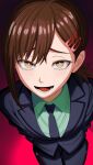  1girl black_jacket brown_hair chainsaw_man collared_shirt english_commentary green_shirt hair_ornament hairclip higashiyama_kobeni highres jacket light_blush looking_at_viewer lower_teeth_only mccheese open_mouth pant_suit pants ponytail shirt short_ponytail single_sidelock solo suit suit_jacket sweat teeth yellow_eyes 
