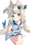  1girl absurdres ahoge animal_ear_fluff animal_ears blonde_hair blue_eyes blue_hair cat_ears closed_mouth dress fins fish_girl fish_tail food highres holding holding_food holding_popsicle indie_virtual_youtuber lightenbee long_hair looking_at_viewer low_twintails multicolored_hair one_side_up popsicle sameko_saba short_shorts shorts sleeveless sleeveless_dress smile solo streaked_hair tail twintails very_long_hair virtual_youtuber white_background white_dress white_shorts 