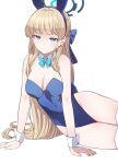  1girl animal_ear_hairband animal_ears bare_arms bare_shoulders blonde_hair blue_archive blue_bow blue_bowtie blue_eyes blue_hairband blue_leotard bow bowtie breasts cleavage detached_collar fake_animal_ears hair_bow hairband highres kouji_(campus_life) leotard long_hair looking_at_viewer official_alternate_costume official_alternate_hairstyle playboy_bunny rabbit_ear_hairband rabbit_ears solo strapless strapless_leotard thighhighs toki_(blue_archive) toki_(bunny)_(blue_archive) white_thighhighs wrist_cuffs 