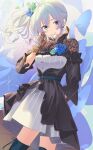  1girl belt black_dress blue_belt blue_eyes blue_flower blue_hair blue_rose blue_scrunchie blush boots breasts cowboy dress falling_petals flower gloves grey_dress hair_between_eyes hand_on_own_cheek hand_on_own_face highres lace lace_gloves large_breasts layered_dress light_blush nijisanji open_clothes parted_lips petals pleated_dress poligon_(046) puffy_short_sleeves puffy_sleeves rose scrunchie short_sleeves side_ponytail skirt smile solo striped_clothes striped_dress teeth thigh_boots vertical-striped_clothes vertical-striped_dress virtual_youtuber wind yukishiro_mahiro yukishiro_mahiro_(3rd_costume) 
