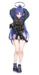  1girl absurdres adjusting_hair alternate_costume ammunition_pouch arms_up as_val assault_rifle black_halo black_shoes black_sweater blue_archive clov3r commentary_request cowboy_shot eotech grey_skirt gun gun_sling hair_between_eyes halo highres korean_commentary legs_together load_bearing_vest long_hair long_sleeves looking_at_viewer magazine_(weapon) mechanical_halo mouth_hold pleated_skirt ponytail pouch puffy_long_sleeves puffy_sleeves purple_eyes purple_hair ribbon ribbon_in_mouth rifle shoes simple_background skirt socks solo standing suppressor sweater tying_hair very_long_hair weapon white_background white_socks yuuka_(blue_archive) 