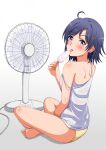  1girl ahoge ass bare_shoulders barefoot blue_hair blush camisole commentary_request electric_fan food from_behind full_body gradient_background grey_background hair_ornament highres hikigaya_komachi holding holding_food holding_ice_cream ice_cream indian_style konoyan licking looking_at_viewer looking_back panties purple_eyes short_hair shoulder_blades sitting solo spaghetti_strap strap_slip thighs toes tongue tongue_out underwear white_camisole x_hair_ornament yahari_ore_no_seishun_lovecome_wa_machigatteiru. yellow_panties 